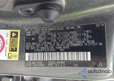 2014 Toyota Highlander Le Plus V6 z USA, uszkodzony, nr VIN 5TDZKRFH1ES019454